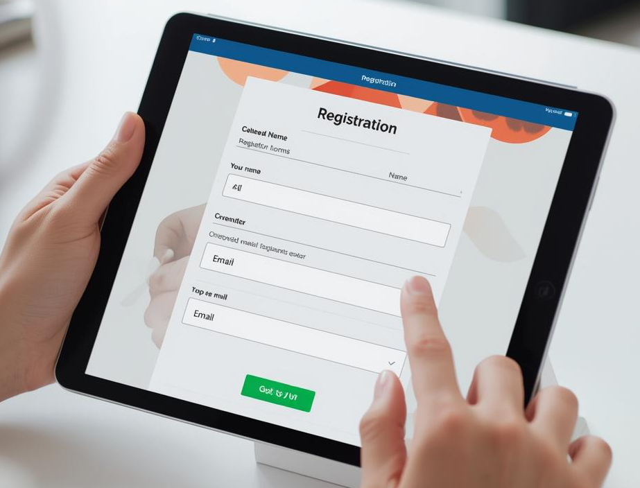 Photo of someone filling out a registration form on a tablet